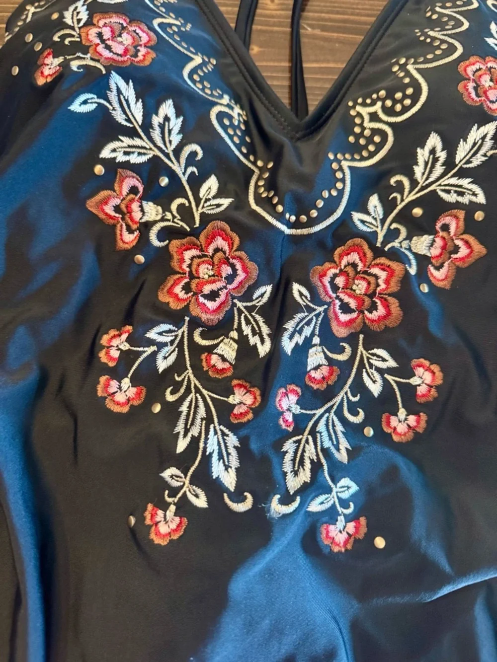 NWT Xhilaration Black One-Piece Swimsuit with  Floral‎ Embroidery Size L